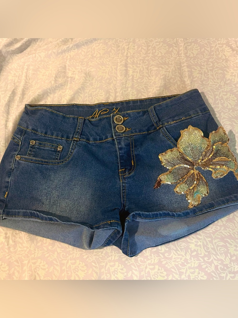 sequin flower denim shorts